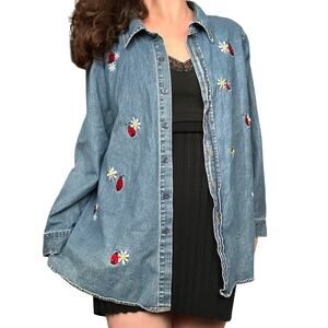 Rare Quacker Factory women's 1x denim button-up shirt embroidered ladybugs